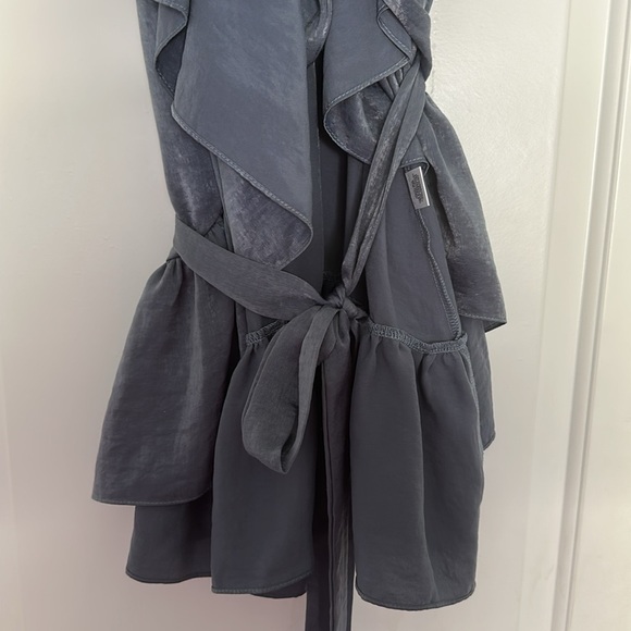 Misa Valerya Ruffle Trim Cold Shoulder Wrap Mini Dress Gray Women's Size XS - Picture 3 of 7